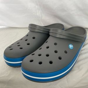 Mens brand new gray and blue Crocs. Size 13